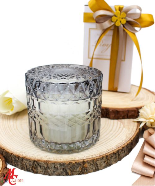 Bomboniera Candela con Contenitore in Vetro Tondo Nero Fumé - Completa di Confezione