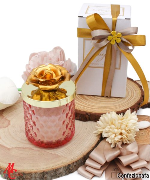 Bomboniera Candela Rosa Con Fiore in Porcellana Oro - Completa di Confezione