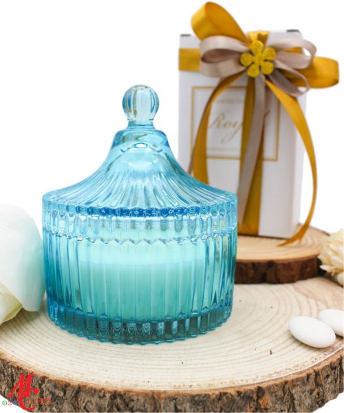 Bomboniera Candela con Contenitore in Vetro Celeste - Completa di Confezione