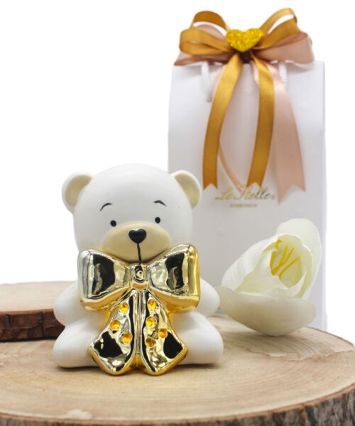 Bomboniera Orsetto Porcellana con LED e Fiocco Oro – Confezione Inclusa