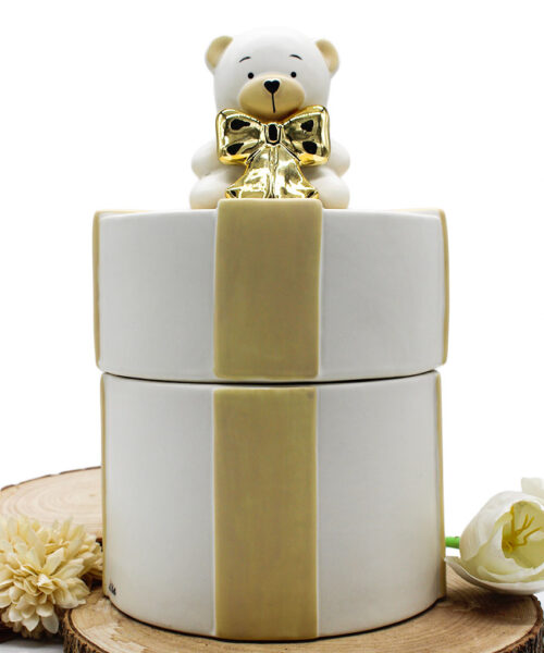 Biscottiera Orsetto in Porcellana Bianca con Fiocco Oro