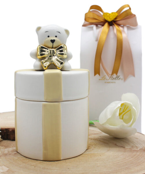 Bomboniera Scatola Orsetto in Porcellana Bianca con Fiocco Oro – Confezione Omaggio Inclusa