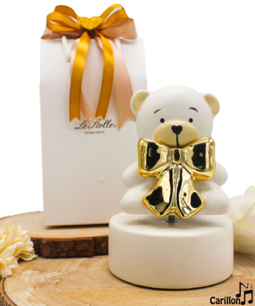 Bomboniera Carillon Orsetto in Porcellana Bianca con Fiocco Oro – Confezione Omaggio Inclusa