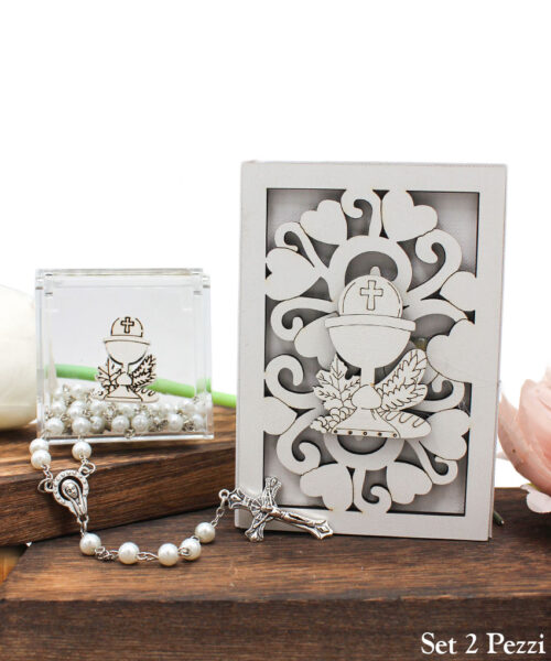 Bomboniera Set 2 Pezzi Vangelo e Rosario con Calice Comunione