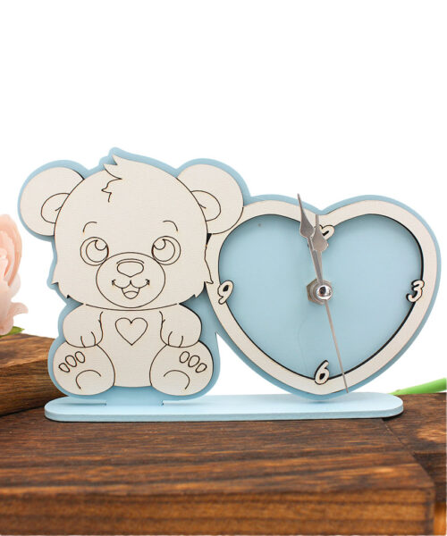 Bomboniera Economica Orsetto con Orologio a Forma di Cuore – Colore Celeste