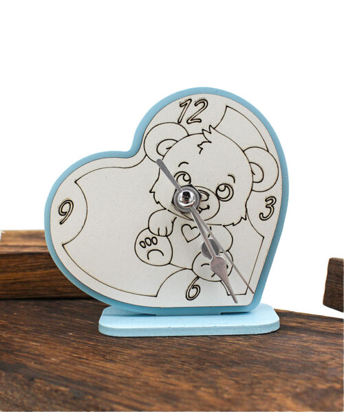 Bomboniera Economica Orsetto con Orologio a Forma di Cuore – Colore Celeste