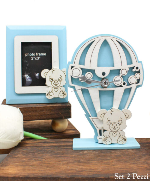 Bomboniera Battesimo set Orologio e Portafoto Orsetto Celeste