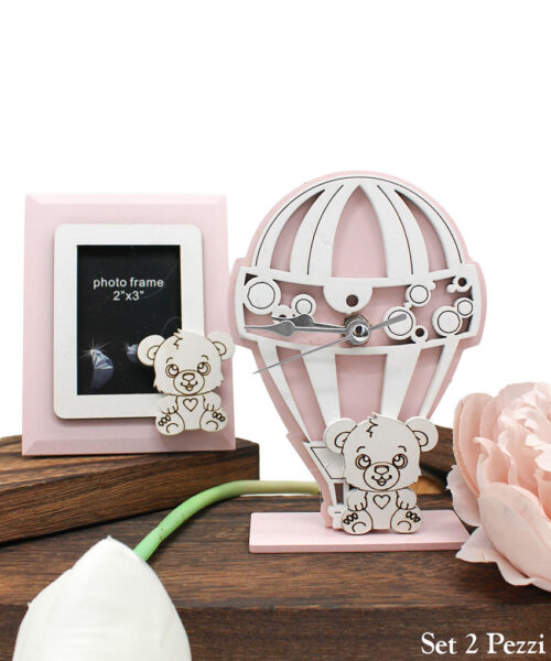 Bomboniera Battesimo set Orologio e Portafoto Orsetto Rosa