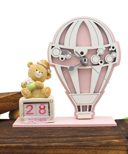 Bomboniera Battesimo Orologio con Mongolfiera e Calendario Perpetuo Orsetto