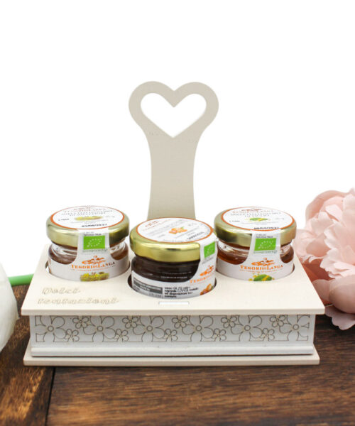 Bomboniera Enogastronomica Porta Marmellatine con Miele – 3 Scomparti in Legno