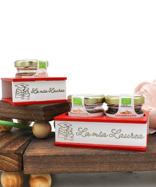 Bomboniera Laurea enogastronomica porta marmellatina legno rosso