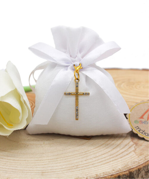 Bomboniera Sacchettino Bianco con Crocetta Oro e Strass