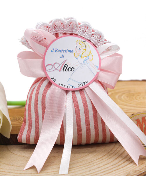 Bomboniera Sacchettino a Strisce Bianco e Rosa con Bordino in Pizzo