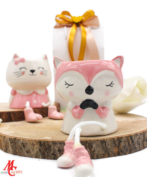 Bomboniera Candela Animali in Porcellana Rosa – Gattina e Volpina