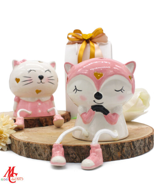 Bomboniera Animali Porcellana LED Rosa – Gattina e Volpina