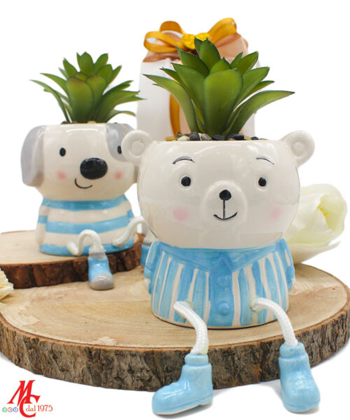 Bomboniera Piantina Animali Porcellana Celeste – Cagnolino e Orsetto