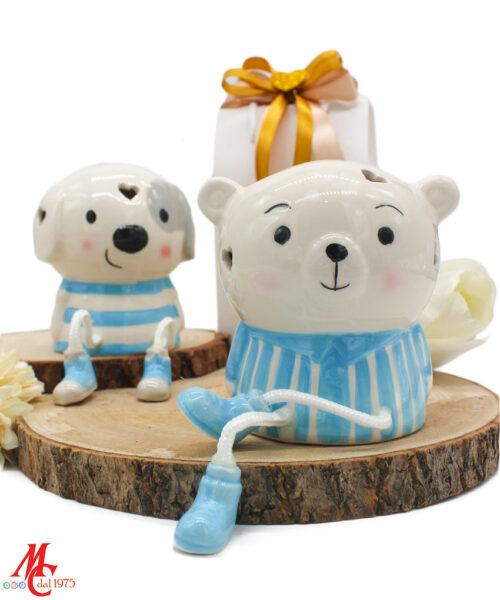 Bomboniera Animali Porcellana LED Celeste – Cagnolino e Orsetto