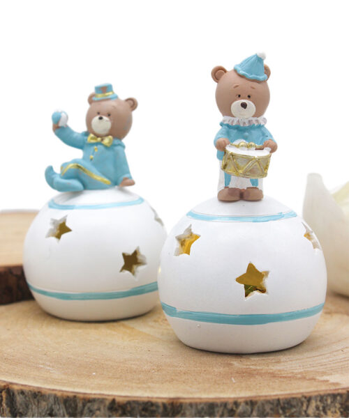 Bomboniera Orsetto su Sfera LED in Resina Celeste