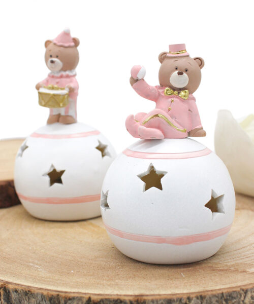 Bomboniera Orsetto su Sfera LED in Resina Rosa