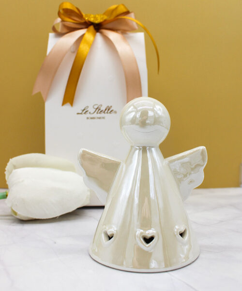 Bomboniera Angelo in Porcellana con Luce LED – Bianco Perlato