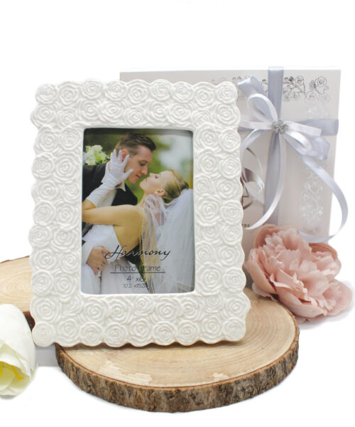 Bomboniera Portafoto in Porcellana Bianca con Decoro Rose