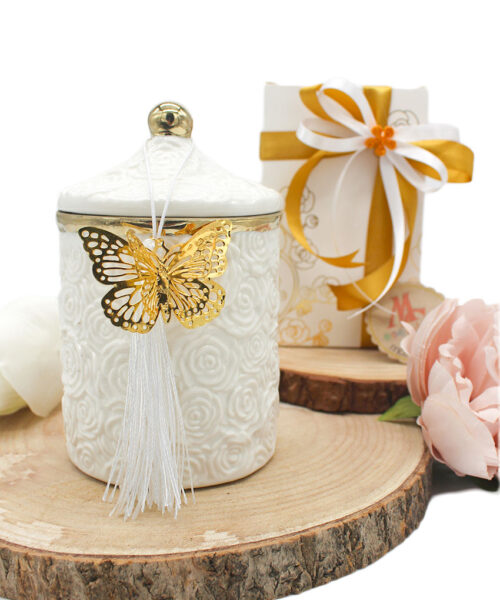 Bomboniera Scatola in Porcellana Bianca con Decalco Rose e Candela Profumata