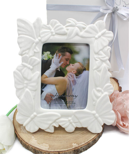 Bomboniera Portafoto in Porcellana Bianca con Decoro Farfalle