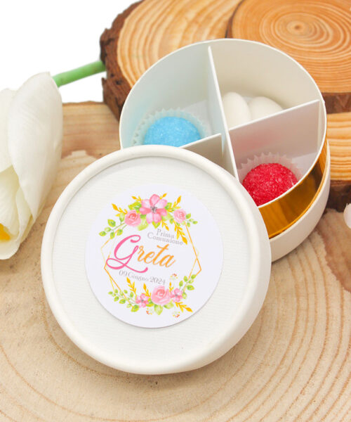 Bomboniera Scatolina Degustazione Cilindrica Bianca con fascia Oro