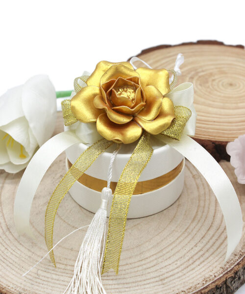 Bomboniera Scatolina Degustazione Cilindrica con Fiore in Porcellana Oro