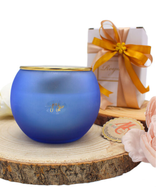 Bomboniera Candela con Contenitore Sferico Celeste – Eleganza per Ogni Occasione