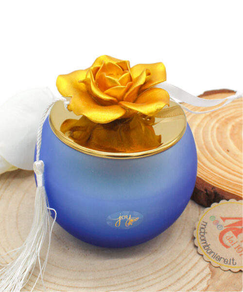 Bomboniera Matrimonio Candela Blu con Contenitore Sferico e Fiore in Porcellana Oro