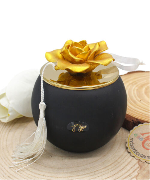 Bomboniera Candela Nera con Contenitore Sferico e Fiore in Porcellana Oro