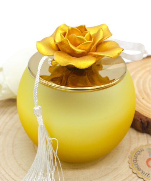 Bomboniera Candela con Contenitore Sferico e Fiore in Porcellana Oro