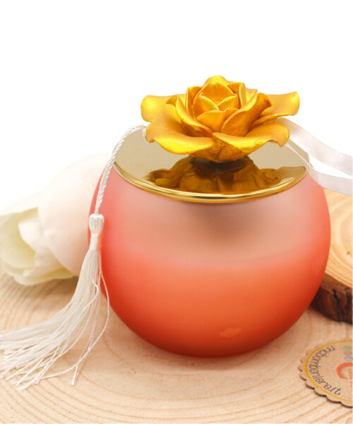 Bomboniera Matrimonio Candela Rosa con Contenitore Sferico e Fiore in Porcellana Oro