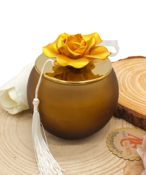 Bomboniera Candela Tortora con Contenitore Sferico e Fiore in Porcellana Oro