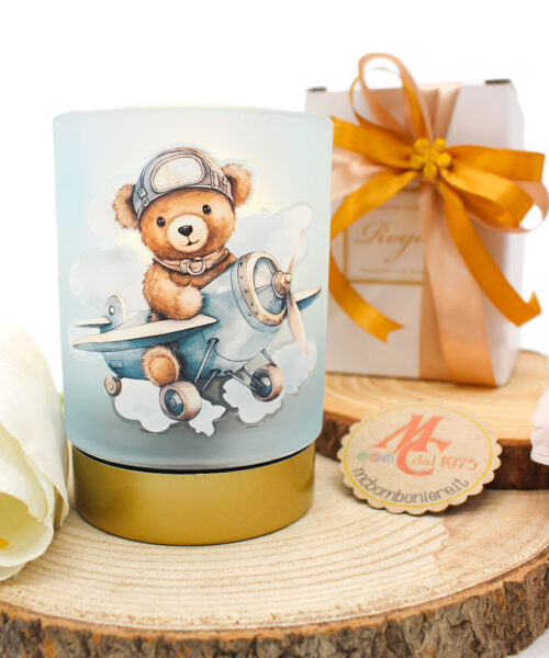 Bomboniera Battesimo Lampada Dolce Orsetto su Aeroplano Celeste