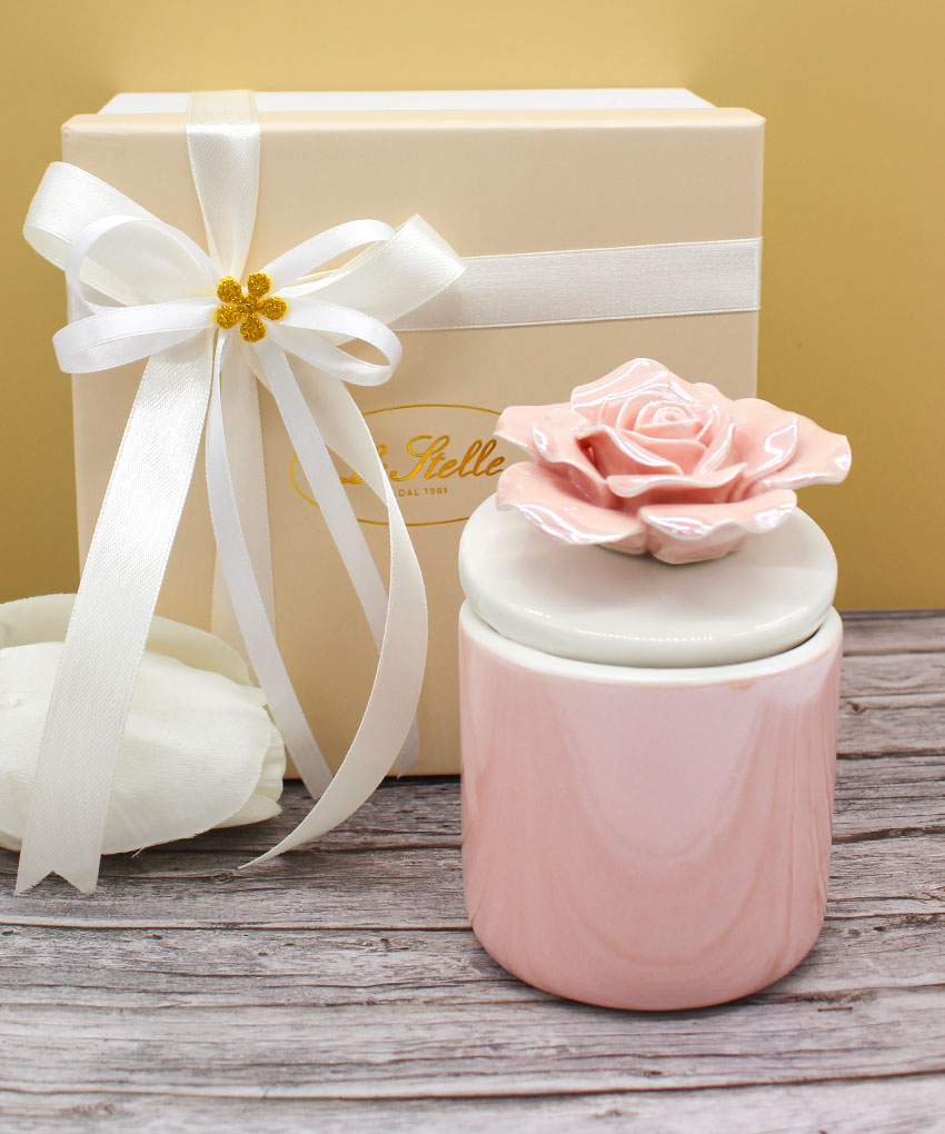 Candela in scatola di porcellana rosa con astuccio – Bomboniera elegante per ogni evento