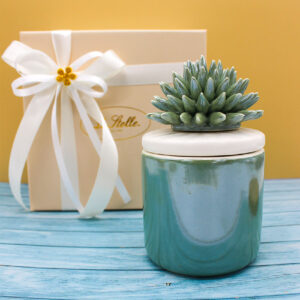 Candela in porcellana verde con decoro corallo – Bomboniera elegante confezionata