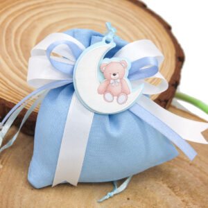 Appendino in Legno Luna con Orsetto Celeste – Bomboniera Nascita e Battesimo