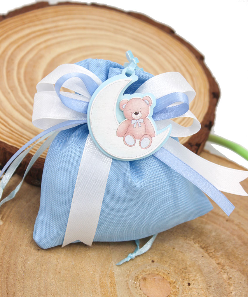 Appendino in Legno Luna con Orsetto Celeste – Bomboniera Nascita e Battesimo