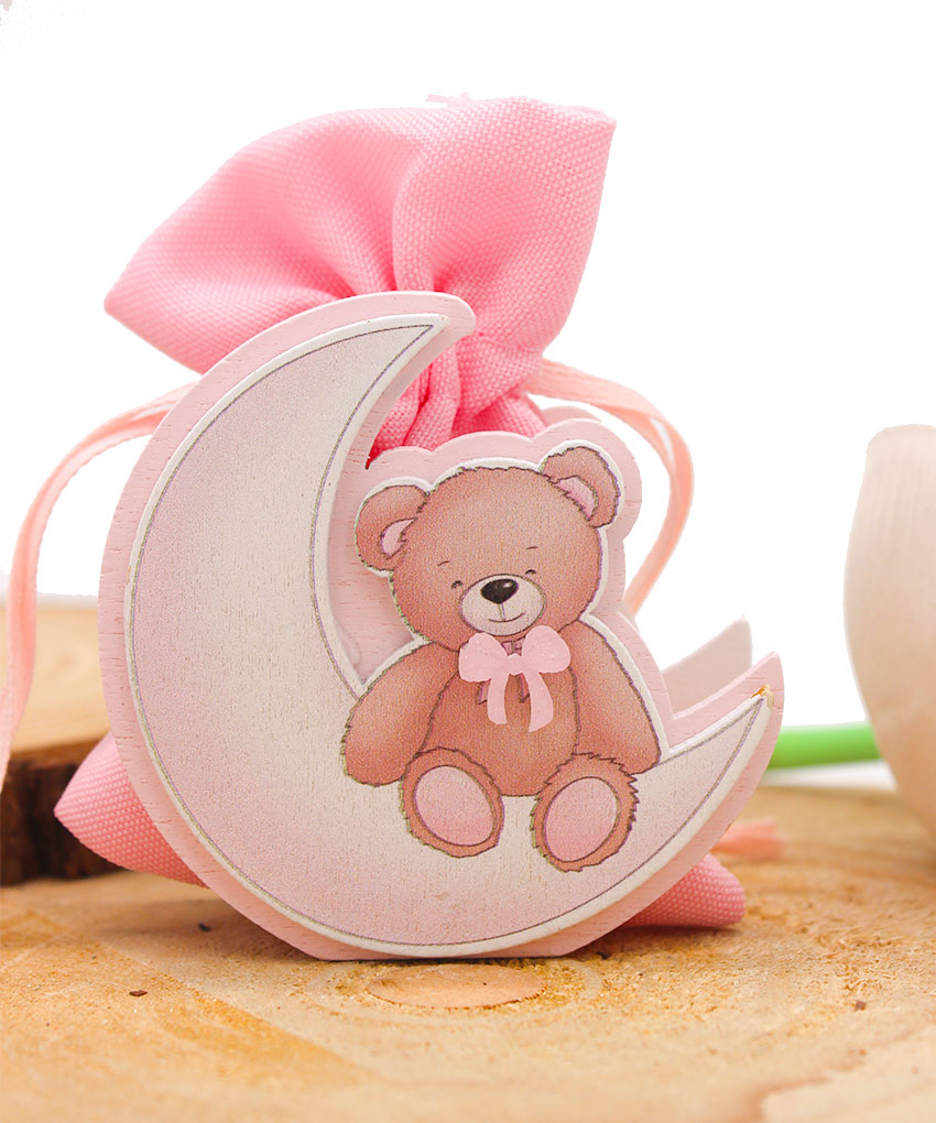 Bomboniera Porta Sacchetto Luna Orsetto Rosa – Nascita e Battesimo | MC Bomboniere