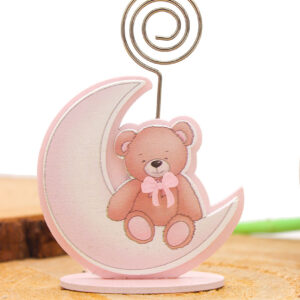 Bomboniera Segnaposto Legno Luna con Orsetto Rosa – 6,5×2,5×h9 cm