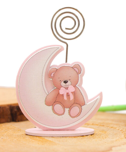 Bomboniera Segnaposto Legno Luna con Orsetto Rosa – 6,5×2,5×h9 cm