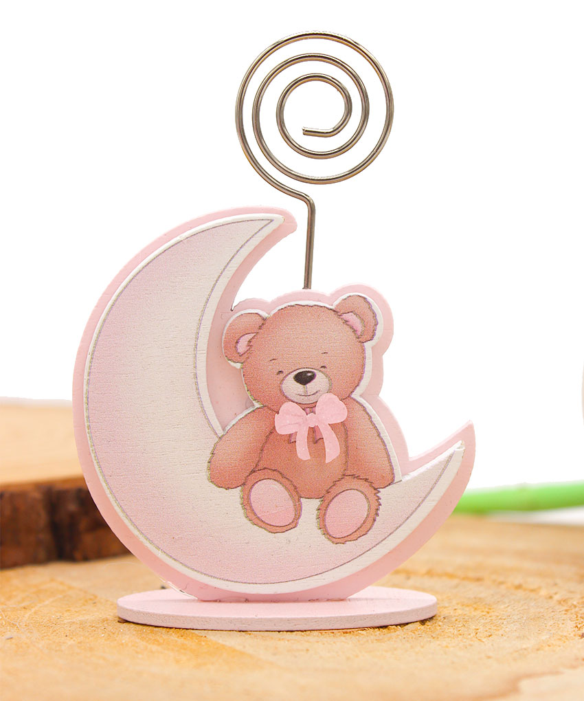 Bomboniera Segnaposto Legno Luna con Orsetto Rosa – 6,5×2,5×h9 cm