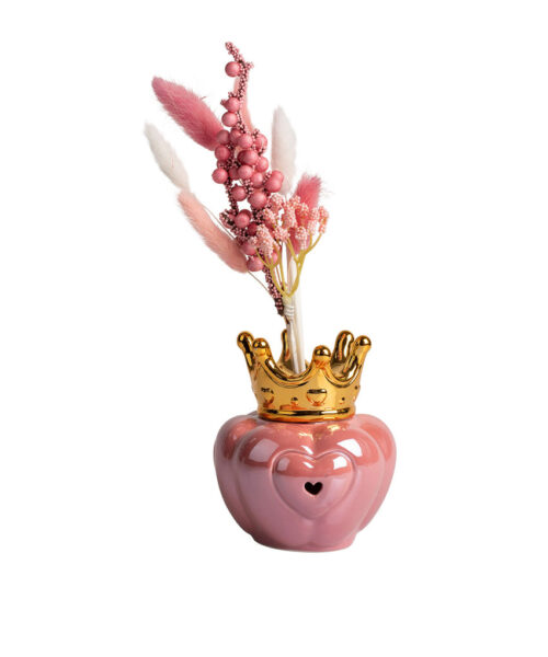 Profumatore corona rosa perlato in porcellana con led e corona oro – 9x10,5 cm