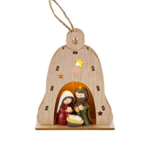 Appendino Sacra Famiglia in resina con campana in legno – Decorazione natalizia 2025