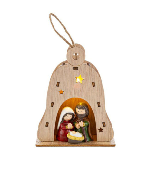 Appendino Sacra Famiglia in resina con campana in legno – Decorazione natalizia 2025