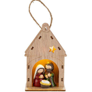 Appendino Sacra Famiglia in resina con campana in legno – Decorazione natalizia