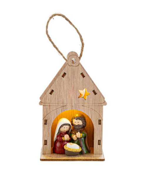 Appendino Sacra Famiglia in resina con campana in legno – Decorazione natalizia