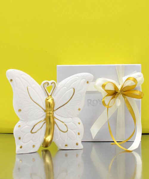 CER4066 – FARFALLA IN PORCELLANA BIANCO E ORO – Bomboniera Completa di Confezione
